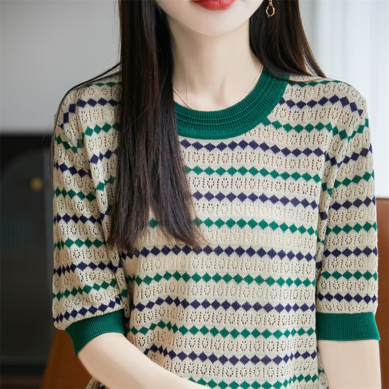 圆领条纹拼色莱赛尔天丝针织短袖T恤女菱形镂空半袖上衣宽松打底,针织衫/毛衣,郡淞羊绒
