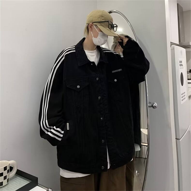 美式条纹拼接牛仔外套男宽松高街三条杠男生潮牌JM69-P8图片