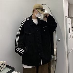 美式条纹拼接牛仔外套男宽松高街三条杠男生潮牌JM69-P8图片