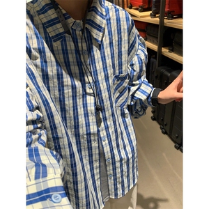 【有货】cleanfit蓝白格子衬衫男美式复古长袖衬衣N316LL-特P45图片