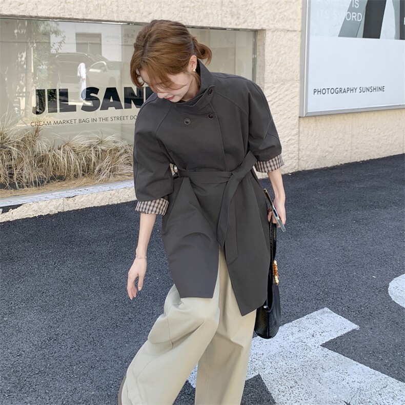 时尚灰色双排扣立领风衣女春秋款系带收腰中长款外套上衣,女装风衣,诺蝶