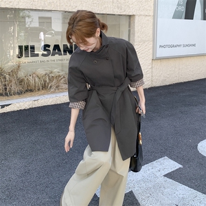 时尚灰色双排扣立领风衣女春秋款系带收腰中长款外套上衣图片