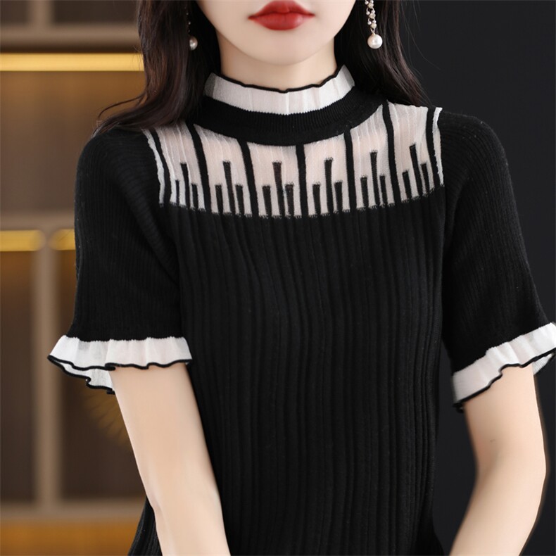优雅蕾丝边仿羊毛短袖针织衫精致半高领设计展现女性魅力,针织衫/毛衣,桦兴羊绒