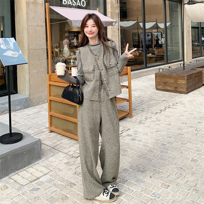 灰色小香风三件套女2025春新款名媛轻奢烫钻马甲打底衫气质阔腿裤图片