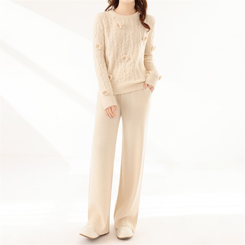时尚气质百搭简约羊毛上衣阔腿裤2024年秋季，女装套装/套裙，鹏源羊绒