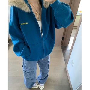 秋冬蓝色连帽卫衣大毛领加绒设计宽松休闲保暖拉链外套上衣ins风图片