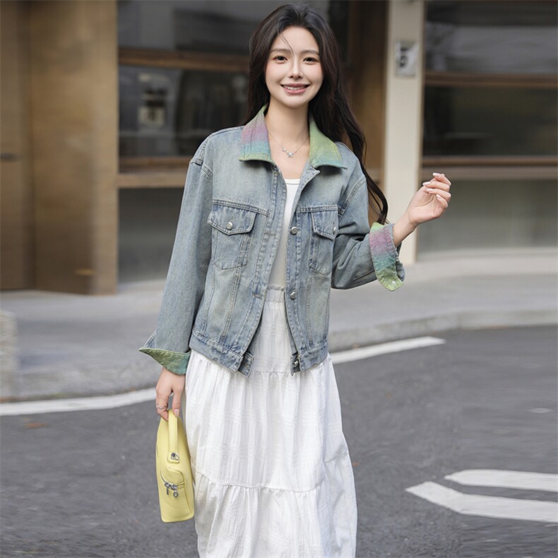 春装新款牛仔短款外套单排扣彩色翻领长袖拼接上衣，女装短外套，安在秀（1C042）