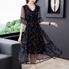 雪纺连衣裙2021新款夏显瘦减龄妈妈v领遮肚裙子大码高端气质，女装连衣裙，潮品会
