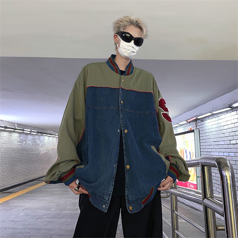 秋冬美式复古水洗牛仔拼接棒球服夹克男宽松休闲外套JK08527-P72图片