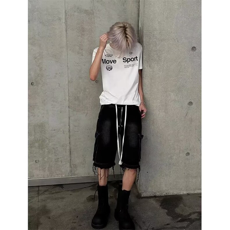 美式小众高街复古工装牛仔短裤男女夏季hiphop痞帅水洗毛边五分裤,男装牛仔裤,星座506A