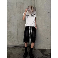 美式小众高街复古工装牛仔短裤男女夏季hiphop痞帅水洗毛边五分裤，男装牛仔裤，星座506A