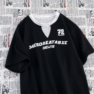 复古拼色假两件字母印花短袖t恤男夏季潮流宽松百搭半袖上衣~XT44图片