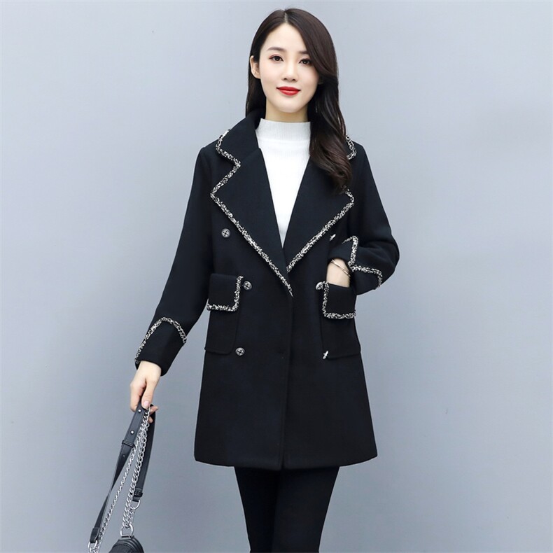 2020年秋冬修身黑色显瘦大毛呢外套女中长款韩版新款,女装毛呢外套,瑶迪依秀