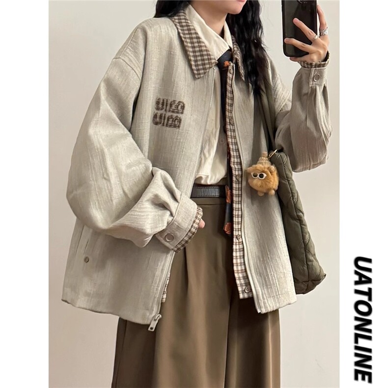 W647-P68 MIU家老钱风假两件拼接外套Cleanfit美式复古千鸟格图片