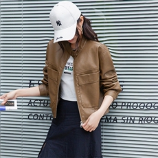 复古短外套女秋季新款休闲通勤工装风口袋气质小个子拉链上衣，女装皮衣，美拉德工厂直营店