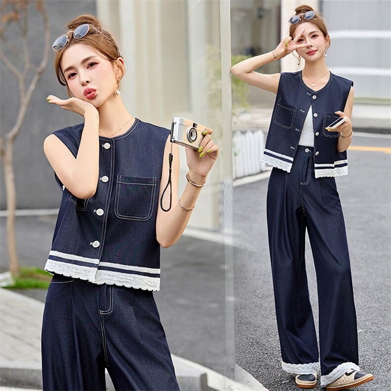 气质蕾丝花边牛仔马甲阔腿裤两件套女2025夏季新款超火穿搭一整套，女装套装/套裙，魅影