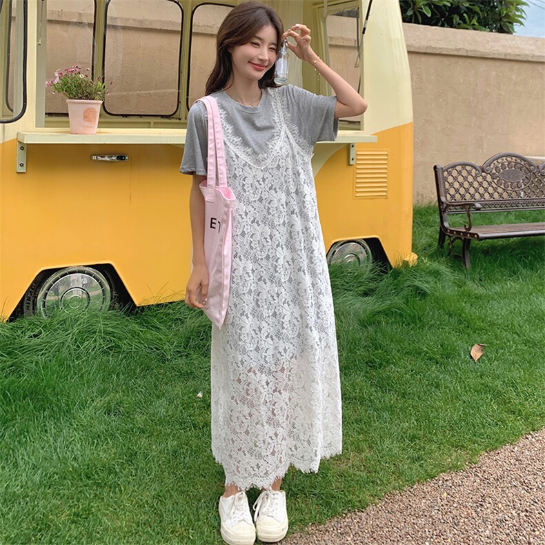 蕾丝吊带罩衫叠穿连衣裙女2025新款夏装穿搭一整子,女装连衣裙,维壹