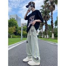 美式潮刺绣牛仔裤男夏季星星复古宽松阔腿直筒拖地潮牌休闲裤子，男装牛仔裤，星座601-2
