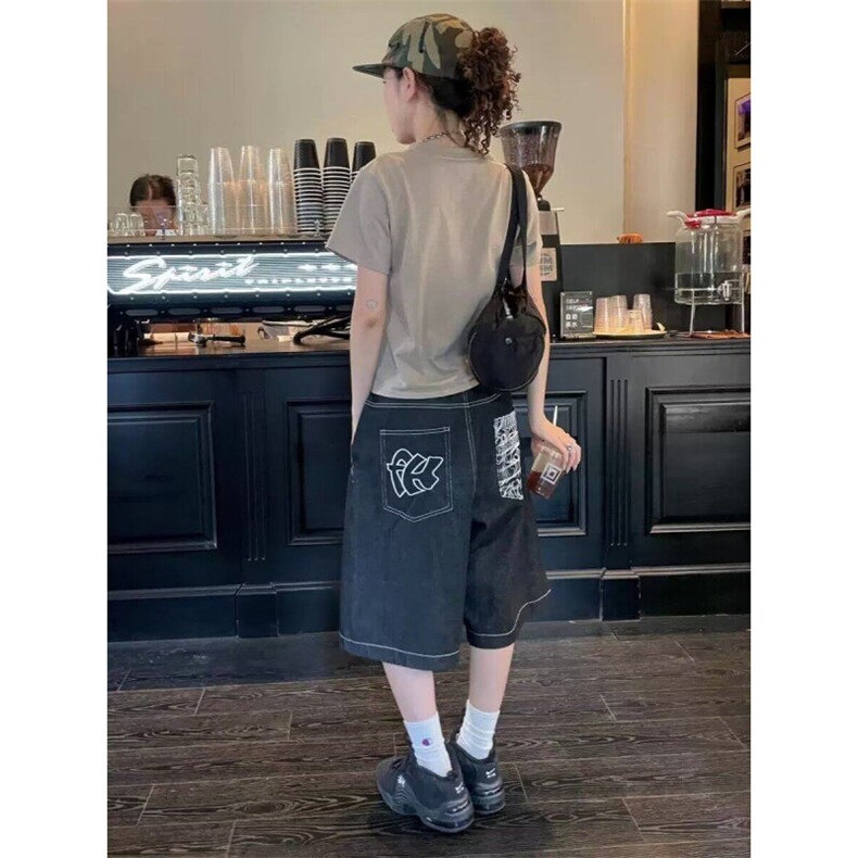 大码美式复古刺绣牛仔短裤夏季宽松阔腿hiphop嘻哈直筒裤五分中裤,男装牛仔裤,星座601-1