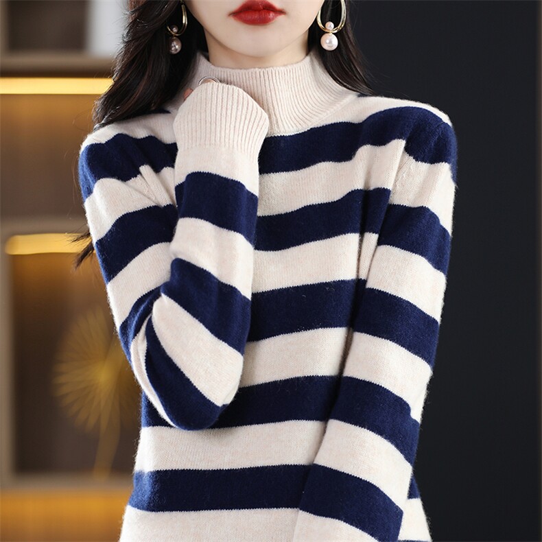 羊毛七针彩条半高女2024新款韩版宽松显瘦套头毛衣,女装羊毛衫,桦兴羊绒