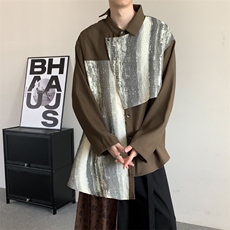 秋季新中式复古风高级感法式拼接衬衫男女半高领设计感飘带上衣，男装衬衫，星座909