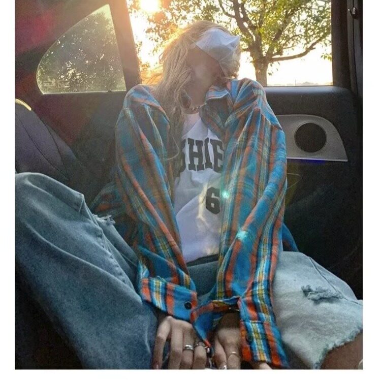 C264-P37美式慵懒风衬衫男女春夏季复古格子长袖宽松外套,男装衬衫,电商B323A