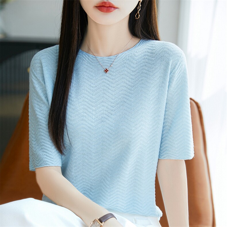 一线成衣无缝精纺薄款醋酸天丝圆领针织短袖T恤女打底衫宽松显瘦,女装T恤,暖烁羊绒