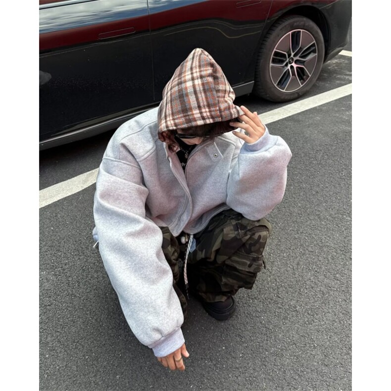 美式复古潮牌格纹连帽棉衣男冬季加厚假两件呢子外套W6278-P85,男装夹克,星座412-2