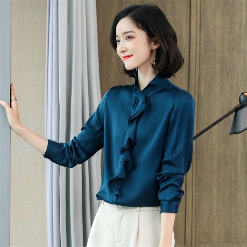 立领荷叶边真丝衬衫女长袖丝绸通勤春装木耳边真丝上衣衬衣气质,女装衬衫,阿舍尔精品