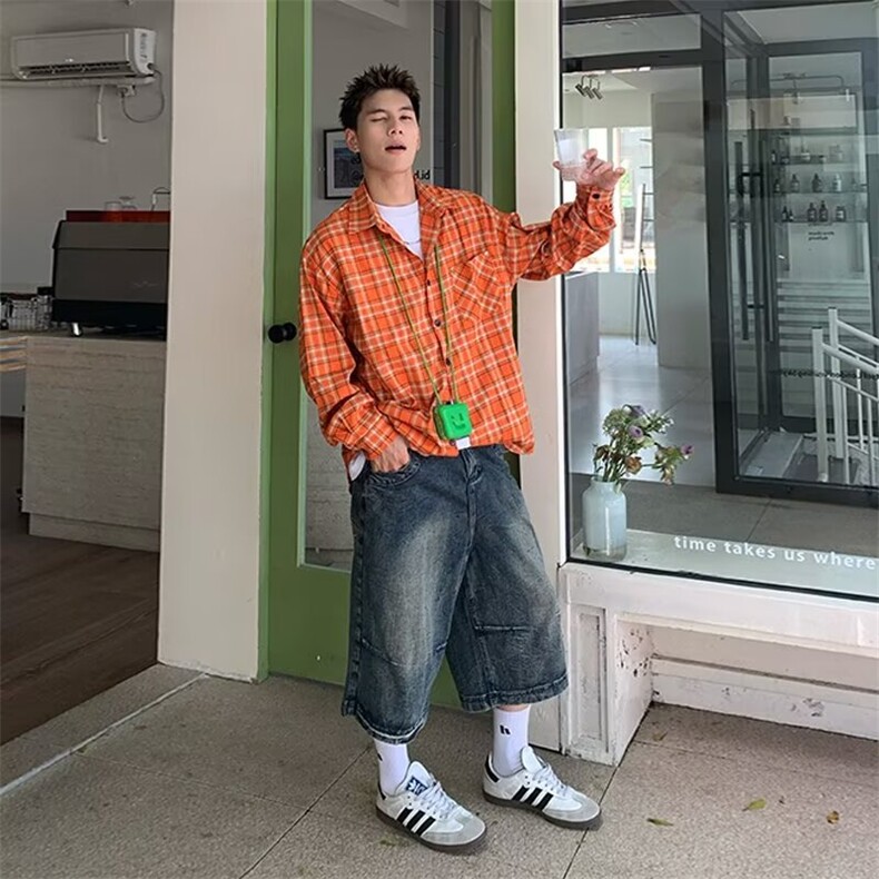 美式复古格纹长袖衬衫男女宽松百搭休闲新款情侣衬衣YAA16-P45,男装衬衫,星座208-5