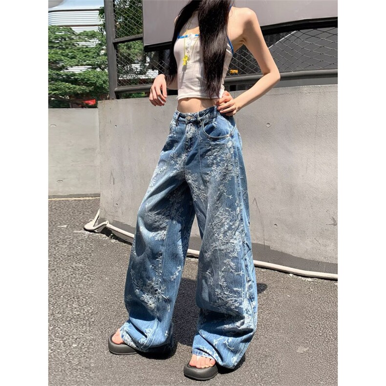 大码美式复古水洗波纹微喇牛仔裤女新款辣妹排扣褶皱直筒显瘦长裤,男装牛仔裤,星座506A