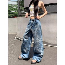 大码美式复古水洗波纹微喇牛仔裤女新款辣妹排扣褶皱直筒显瘦长裤，男装牛仔裤，星座506A