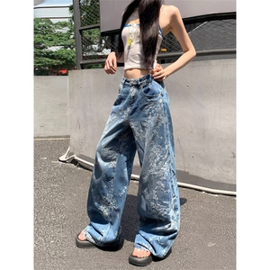 大码美式复古水洗波纹微喇牛仔裤女新款辣妹排扣褶皱直筒显瘦长裤图片