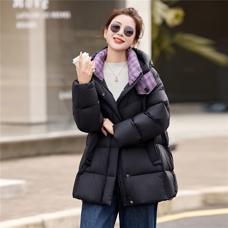 时尚撞色拼接90白鸭绒羽绒服2025冬季新款加厚连帽羽绒外套,女装羽绒服,沁沁公主