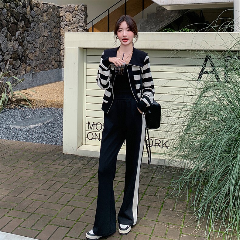 黑色条纹休闲运动套装女春秋2025新款盐系轻熟小个子阔腿裤两件套,女装套装/套裙,2C205