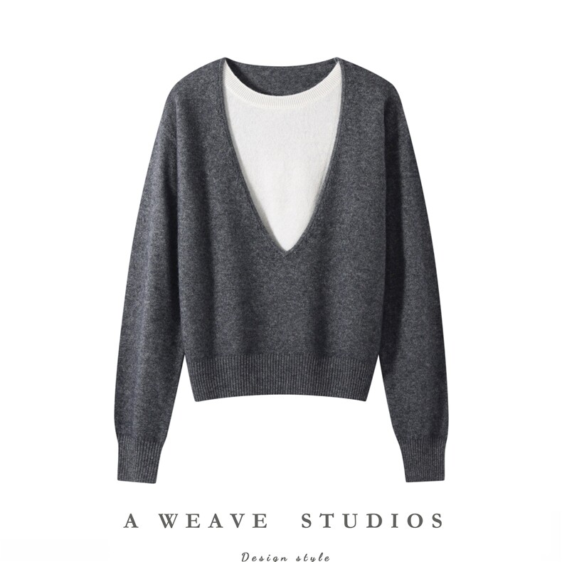 2025时尚百搭简约V领拼色假两件羊绒衫，女装羊绒衫，朵暖羊绒