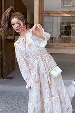 春现法式浪漫风长袖碎花落叶连衣裙B190-503-P145-K208，女装连衣裙，2B190
