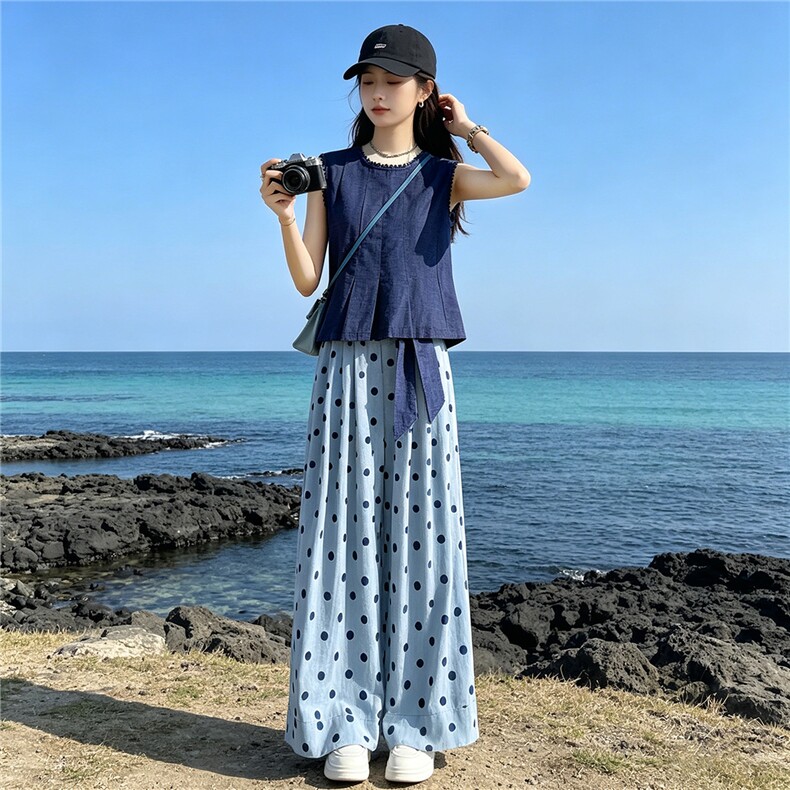 松弛感时尚洋气套装女夏季新款圆领无袖收腰上衣波点阔腿裤两件套,女装套装/套裙,江南