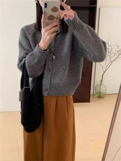 新款圆领针织单排扣开衫时尚简约风，女装针织衫/毛衣，思途羊绒