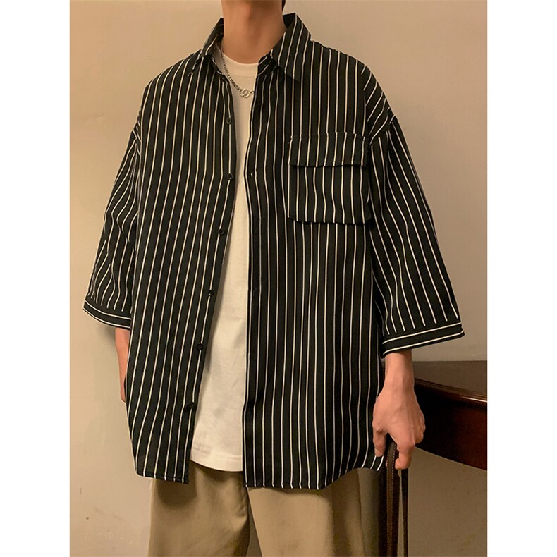 C2037/P35条纹工装短袖衬衣男士衬衫五分袖潮大码上衣男图片