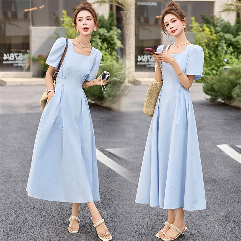 法式泡泡袖方领全棉连衣裙女2025夏季新款时尚气质收腰显瘦A字裙，女装连衣裙，蓝诺裳