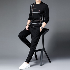运动套装男春季中年男士商务休闲运动服春夏时尚宽松圆领卫衣男装图片