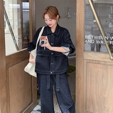 港风复古高级感休闲工装牛仔套装女秋季时髦设计盐系阔腿裤两件套，女装套装/套裙，2C112