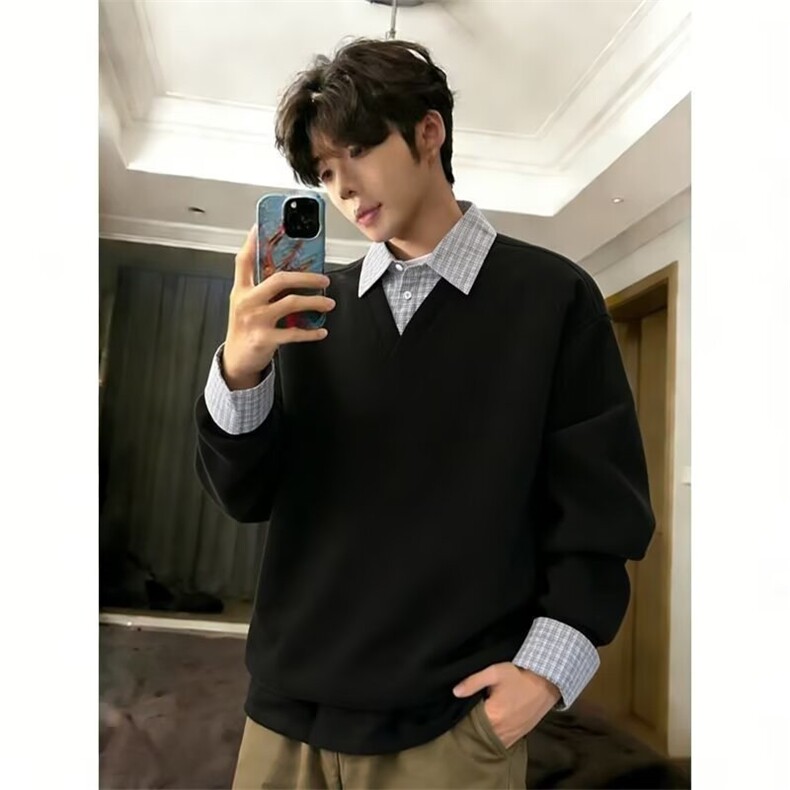 现货足春季假两件拼接翻领卫衣男V02/P45，男装卫衣，星座205-3