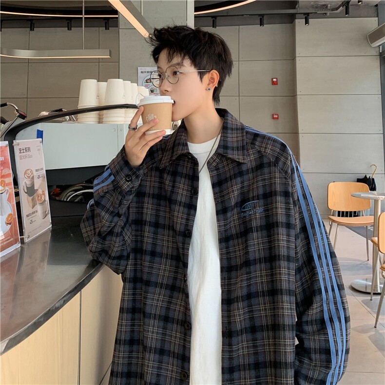潮三条杠格纹长袖衬衫男女春秋季潮牌情侣衬衫夹克外套8883/P85图片