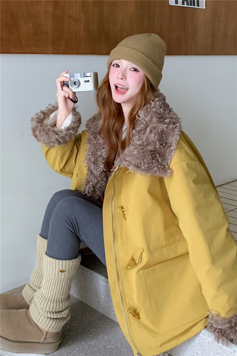 拼环保羊羔毛宽松款派克棉服可收腰--2B72--8867--P215--K298,女装派克服,乐吉娜