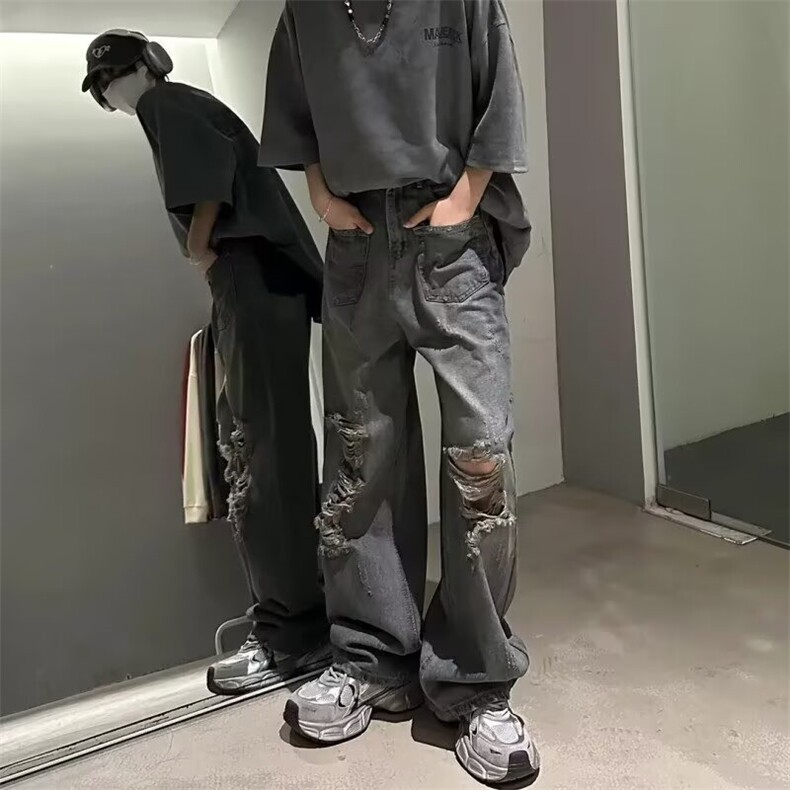 美式街头喷墨脏多口袋水洗牛仔裤2025夏装新款废土风直筒阔腿裤,男装牛仔裤,星座516A