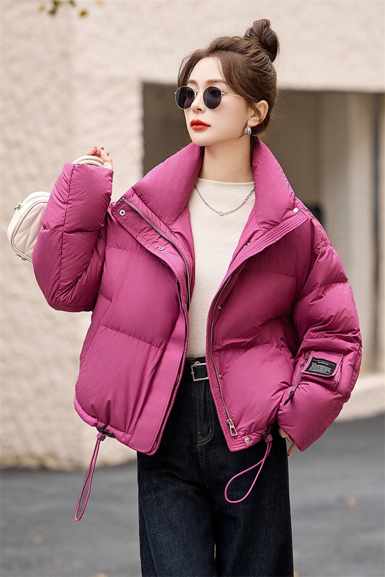 玫红色时尚显白羽绒服女2024冬季新款小个子加厚白鸭绒面包服外套,女装羽绒服,艾仟回(原伊仟回)
