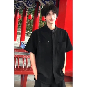 老钱风暗扣短袖衬衫 夏季痞帅男生垂感立领中式衬衣上衣CSS12P40图片