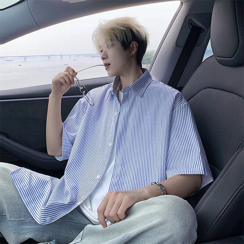 B221美式ins高街宽松薄款条纹短袖衬衫SY2552-特P28控49，男装衬衫，电商B221